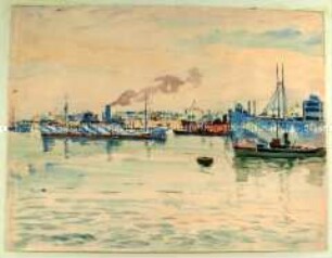 Ankernde Frachter mit Tarnanstrich im Hafen