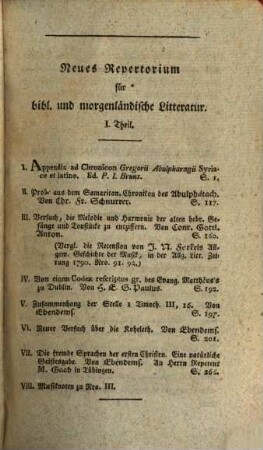Neues Repertorium für biblische und morgenländische Litteratur. 1. 1790