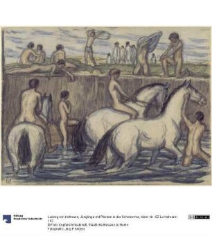 Jünglinge mit Pferden in der Schwemme