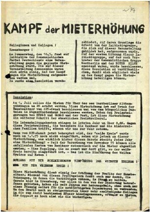 Flugschrift: Kampf der Mieterhöhung, 1974