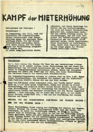 Flugschrift: Kampf der Mieterhöhung,               1974
