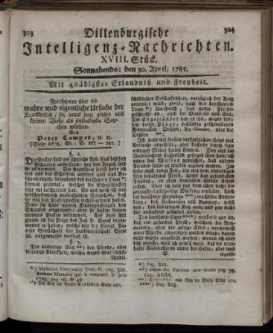 XVIII. Stück. Sonnabends: den 30. April, 1785.