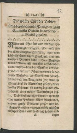 Die wahre Ehre der Todten Nach der Gedächtnüß-Predigt der Frau Baumeister Oertelin in der Kirche zu Gautsch gehalten