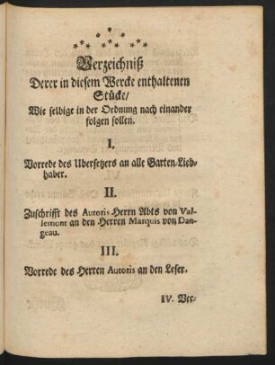 Verzeichniß Derer in diesem Wercke enthaltenen Stücke, Wie selbige in der Ordnung nach einander folgen sollen.