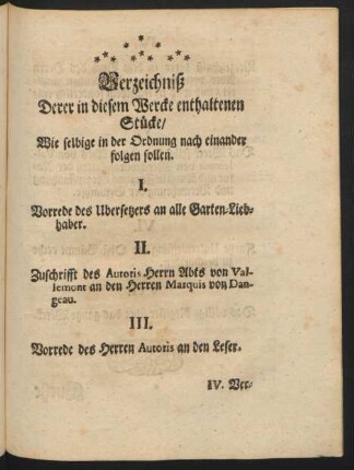 Verzeichniß Derer in diesem Wercke enthaltenen Stücke, Wie selbige in der Ordnung nach einander folgen sollen.