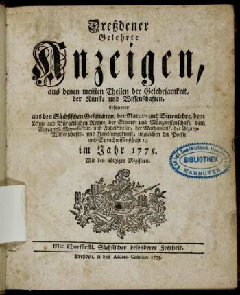 1775: Dresdner gelehrte Anzeigen : aus allen Theilen der Gelehrtheit