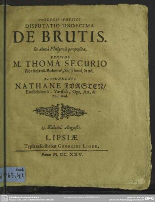 Collegii physicii disputatio unedecima De brutis