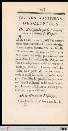Section troisième: Description des Antiquités qui se trouvent aux environs de Naples