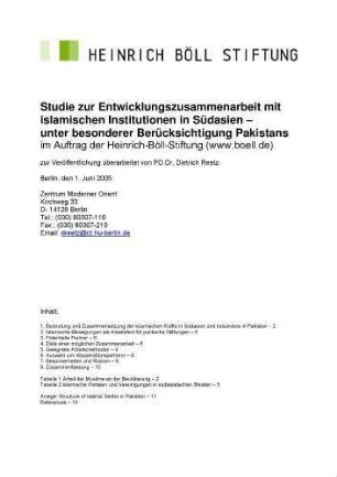 Studie zur Entwicklungszusammenarbeit mit islamischen Institutionen in Südasien unter besonderer Berücksichtigung Pakistans