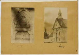 Pfarrkirche, Sterzing. St. Margarethenkirche Sterzing: Portal der Pfarrkirche Unsere liebe Frau im Moos, Ansicht der St. Margarethenkirche (aus: Skizzen- und Fotoalbum 13)