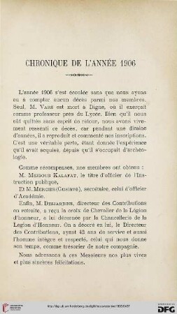 Chronique de l'année 1906