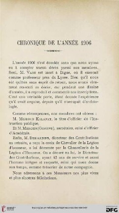 Chronique de l'année 1906