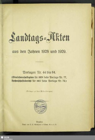 3.1928/29,44/84: Landtags-Akten / Vorlagen