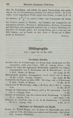 Bibliographie vom 1. April bis 15. Mai 1881.