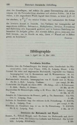 Bibliographie vom 1. April bis 15. Mai 1881.