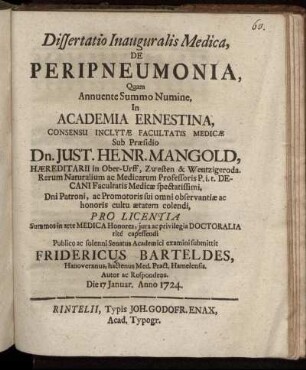Dissertatio Inauguralis Medica, De Peripneumonia
