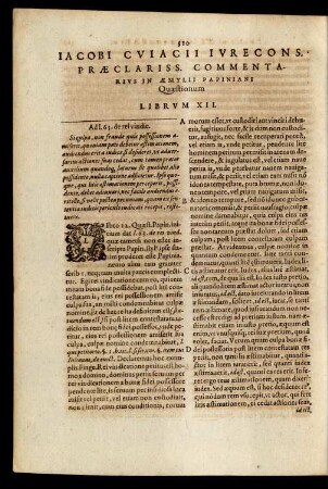 Iacobi Cuiacii ... Commentarius In Aemylii Papiniani Quaestionum Librum XII.