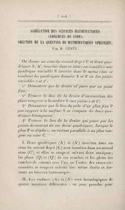 Agrégation des sciences mathématiques (concours de 1889). Solution de la question de mathématiques spéciales.