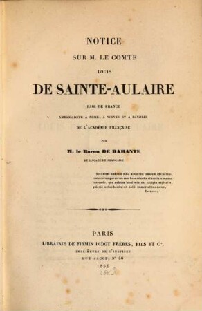 Notice sur M. le Comte Louis de Sainte-Aulaire