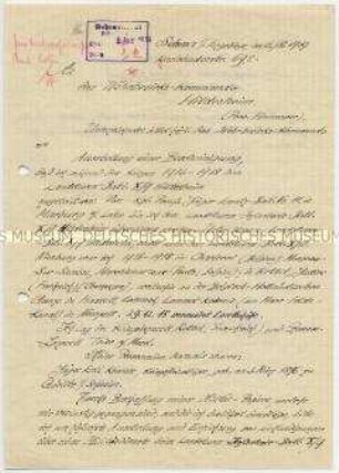 Schreiben von Georg Kramer mit der Bitte um Neuausstellung von Militärpapieren über die Teilnahme am 1. Weltkrieg - Familienkonvolut