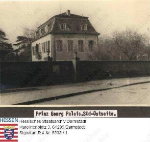 Darmstadt, Prinz Georg Palais - Bild 1: Außenansicht von der Südostseite / Bild 2: Tor, Abschluß vom Gartentheater / Bild 3: Pfeiler-Kapitäl