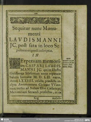 Sequitur nunc Monumenti Laudismanni JC. post fata in loco Sepulturae erigendi inscriptio