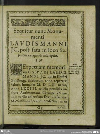 Sequitur nunc Monumenti Laudismanni JC. post fata in loco Sepulturae erigendi inscriptio