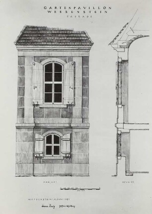Weesenstein, Jagdpavillon oder Belvedere, Fassade, Aufriss und Schnitt