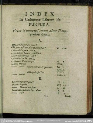Index, In Columnae Librum de Purpura