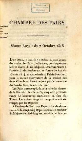 Procès-verbal des séances de la Chambre des Pairs, 1815,1 = Nr. 1 - 21