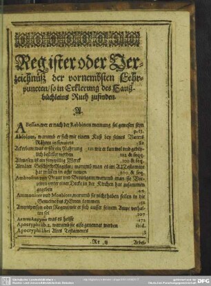 Register oder Verzeichnüß der vornembsten Lehrpuncten, so in Erklerung des Haußbüchleins Ruth zufinden