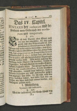Das IV. Capitel. Syntaxis der verborum und besonders vom Gebrauch der modorum und temporum.