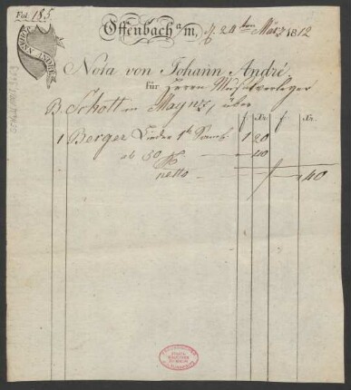 [Rechnung] Nota von Johann André : 24.03.1812