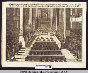 Die Krönung Karls VI. zum römisch-deutschen Kaiser in der Stiftskirche zu Frankfurt 1711.