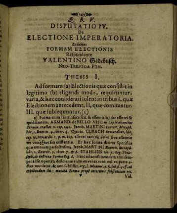 Disputatio IV. De Electione Imperatoria. Exhibens Formam Electionis