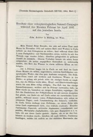Resultate einer coleopterologischen Sammel-Campagne während den Monaten Februar bis April 1883 auf den jonischen Inseln.