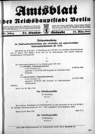 21. Sonderausgabe, 31. März 1941