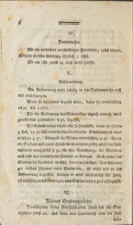 IV. Bettmiethe / V. Aufwartung / VI. Kleines Stubengeräthe