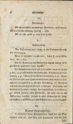 IV. Bettmiethe / V. Aufwartung / VI. Kleines Stubengeräthe