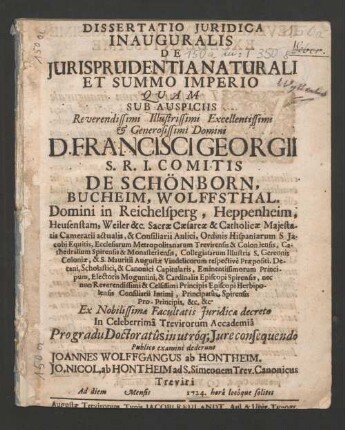 Dissertatio Juridica Inauguralis De Jursiprudentia Naturali Et Summo Imperio