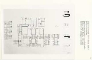 Fernsehstudio, Berlin-Westend (Diplomarbeit bei Willy Kreuer): Grundrisse Zwischengeschoss, 1. - 5. Obergeschoss 1:200, Organisation, Klimaanlage, Zwischengeschoss für Fernsehkabelverstärker und Erweiterung