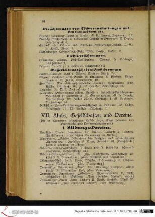 VII. Klubs, Gesellschaften und Vereine.