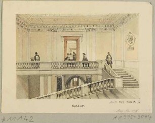 Innenansicht des Bildermuseums am Augustusplatz in Leipzig: Treppenhaus mit Bildnis des Stifters Adolf Heinrich Schletter (1793-1853), Reihe Leipziger Ansichten von Adolph Werl