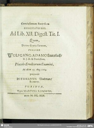 Conclusionum Forensium Exercitatio XXII. Ad Libr. XII. Digest. Tit. I.