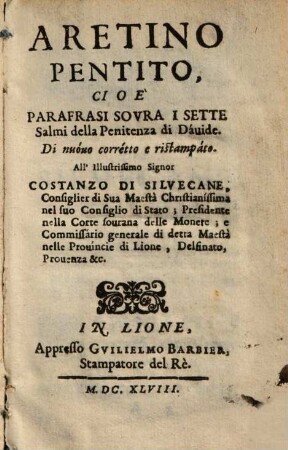 Aretino Pentito, Ci O È Parafrasi Sovra I Sette Salmi della Penitenza di Dáuide