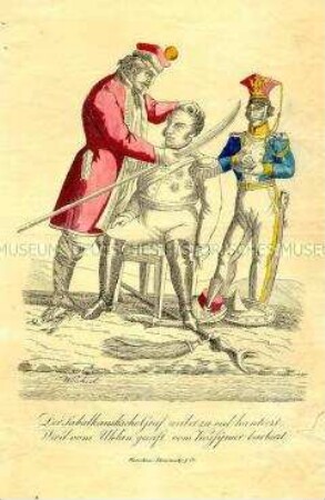 Der Sabalkansk'sche Graf, weil er zuviel hantiert, wird vom Ulan geseift und vom Kossynier barbiert - Karikatur auf den russischen Generalfeldmarschall Diebitsch-Sabalkansky