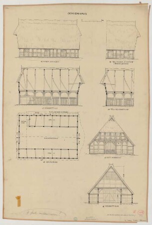 Preußisch Ströhen (Kreis Lübbecke): Hof Nr. 61 [Simon] Rohlfing. Ochsenhaus (Grundriss, Ansichten, Schnitte)