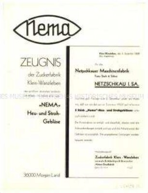 Zeugnis der Zuckerfabrik Klein-Wanzleben über Heu- und Strohgebläse
