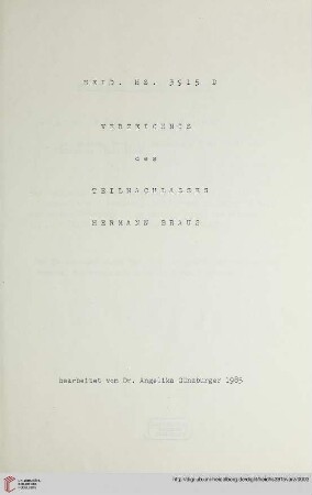 Verzeichnis des Teilnachlasses Hermann Braus - Heid. Hs. 3915