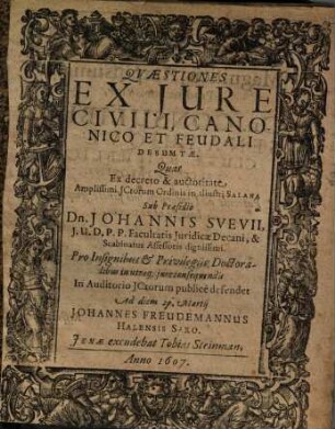 Quaestiones Ex Iure Civili, Canonico Et Feudali Desumtae